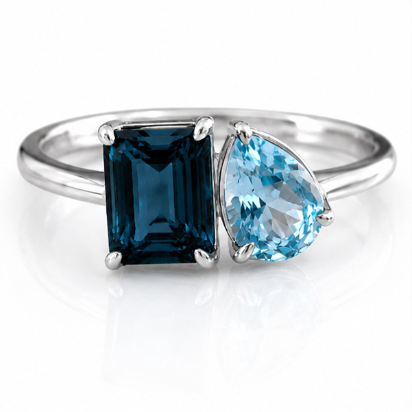 Toi et Moi London & Sky Blue Topaz Ring in 9ct White Gold