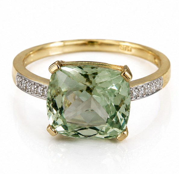 9ct Yellow Gold Green Amethyst & Diamond Shoulder Ring