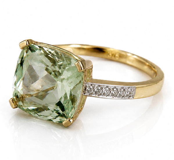 9ct Yellow Gold Green Amethyst & Diamond Shoulder Ring