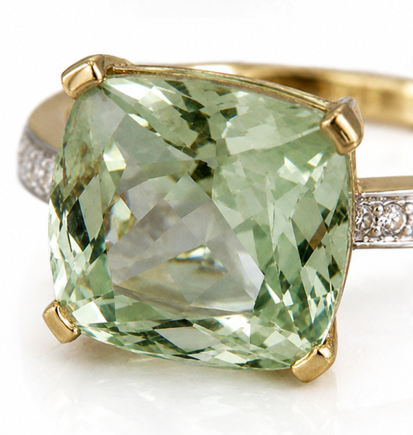 9ct Yellow Gold Green Amethyst & Diamond Shoulder Ring