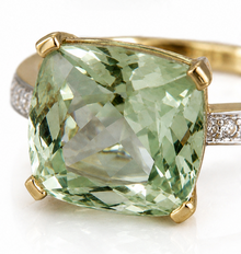9ct Yellow Gold Green Amethyst & Diamond Shoulder Ring