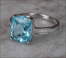 9ct White Gold Cushion-Cut Blue Topaz & Diamond Statement Ring