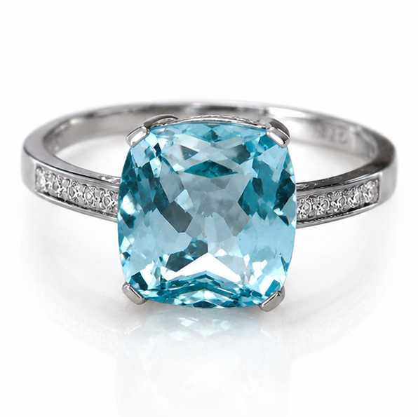 9ct White Gold Cushion-Cut Blue Topaz & Diamond Statement Ring