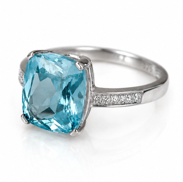9ct White Gold Cushion-Cut Blue Topaz & Diamond Statement Ring