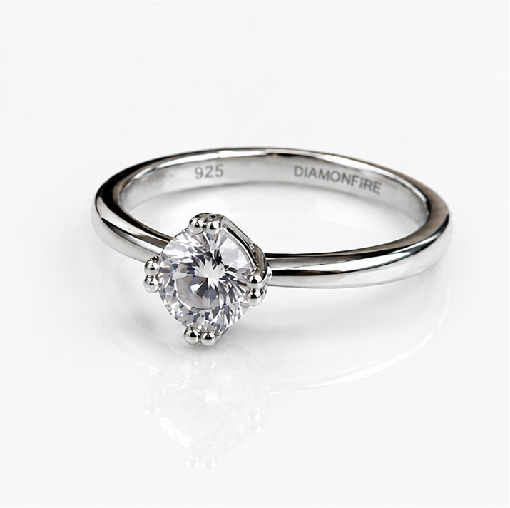 Sterling Silver Double Claw Solitaire Ring with DiamondFire® CZ