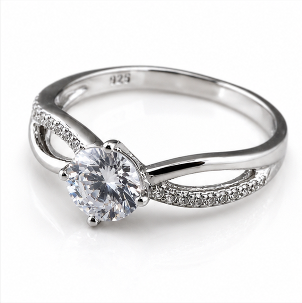 Sterling Silver Cubic Zirconia Crossover Solitaire Ring