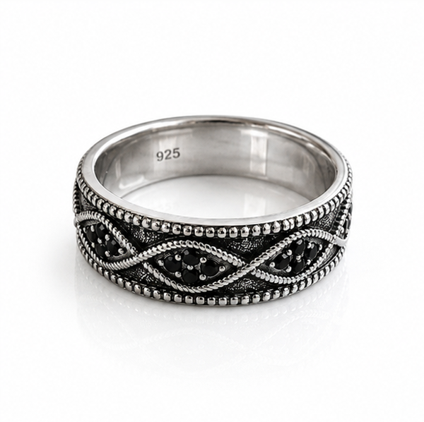 Sterling Silver Black Cubic Zirconia Wave Band Ring.