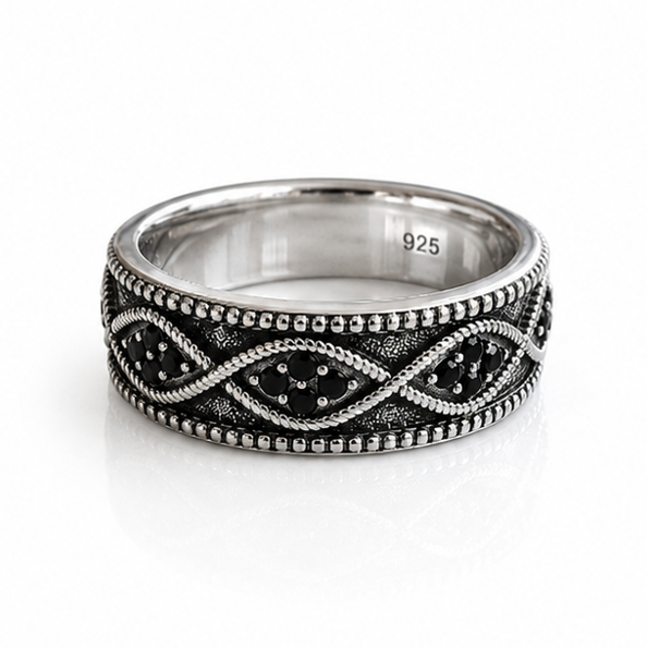 Sterling Silver Black Cubic Zirconia Wave Band Ring.
