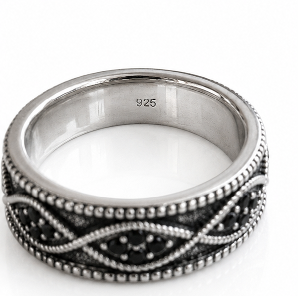 Sterling Silver Black Cubic Zirconia Wave Band Ring.