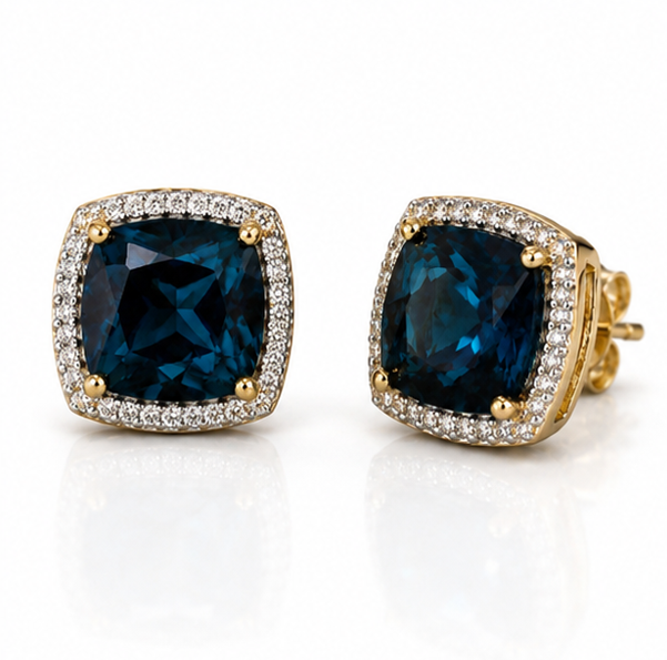 London Blue Topaz & Diamond Earrings in 9ct Gold.