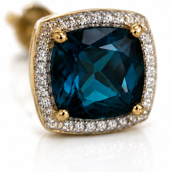 London Blue Topaz & Diamond Earrings in 9ct Gold.