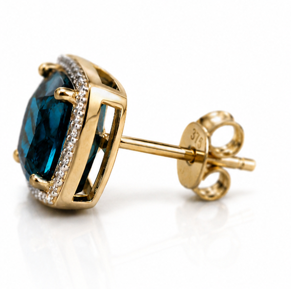 London Blue Topaz & Diamond Earrings in 9ct Gold.