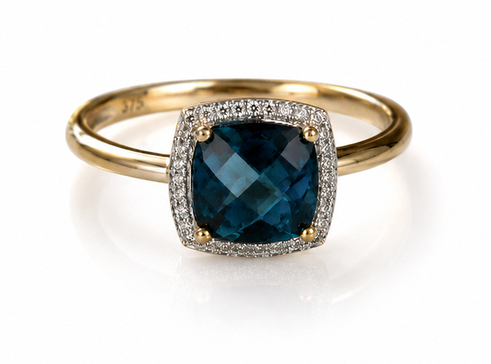Checkerboard London Blue Topaz & Diamond Ring in 9ct Gold