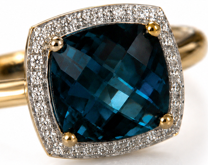 Checkerboard London Blue Topaz & Diamond Ring in 9ct Gold