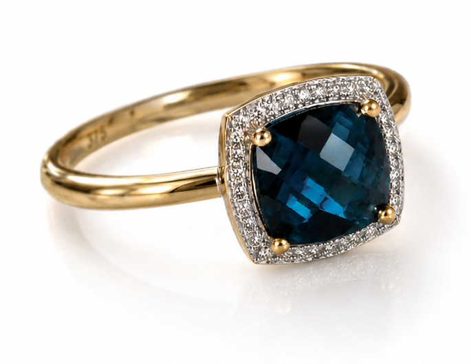 Checkerboard London Blue Topaz & Diamond Ring in 9ct Gold