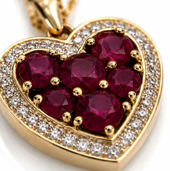9ct Yellow Gold Ruby & Diamond Heart Pendant with Chain