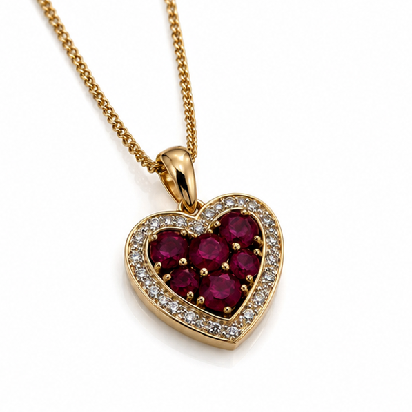 9ct Yellow Gold Ruby & Diamond Heart Pendant with Chain
