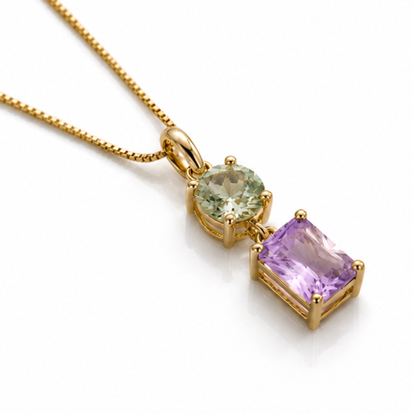 9ct Yellow Gold Toi et Moi Quartz & Amethyst Pendant Necklace. (With chain)