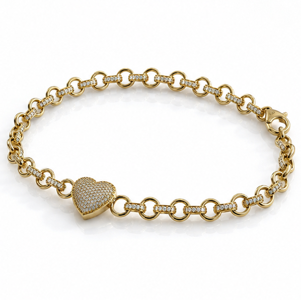9ct Yellow Gold CZ Heart Belcher Bracelet – 6.5“