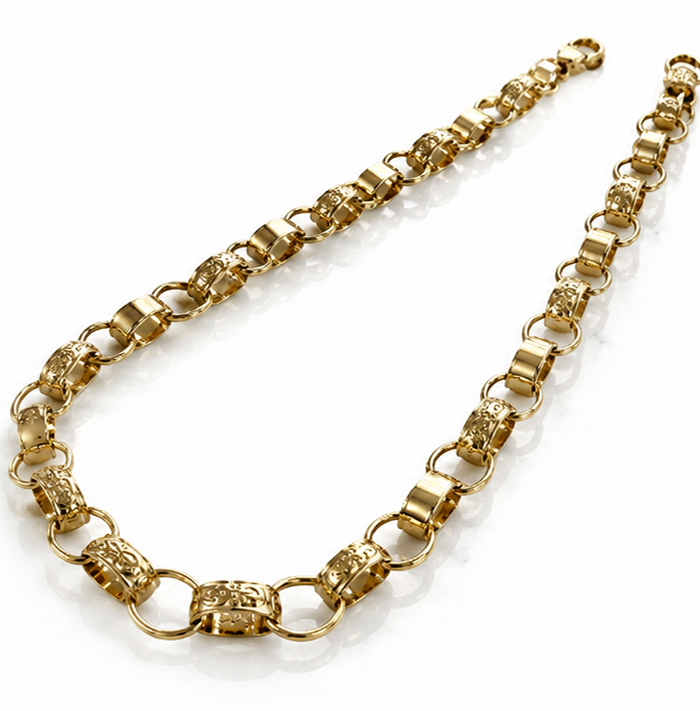 9ct Yellow Gold Engraved & Plain Belcher Chain Necklace – Solid Gold