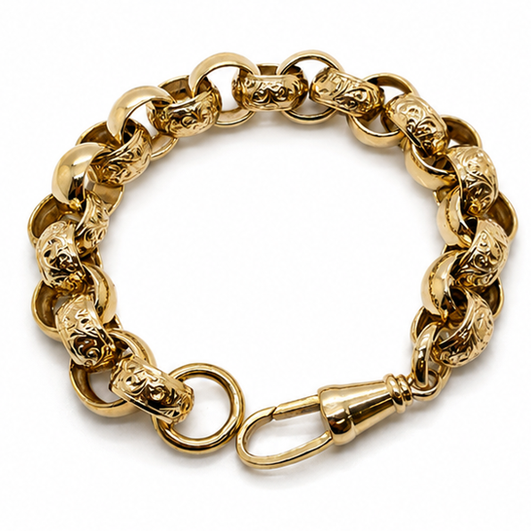 9ct Yellow Gold Engraved & Plain Belcher Bracelet