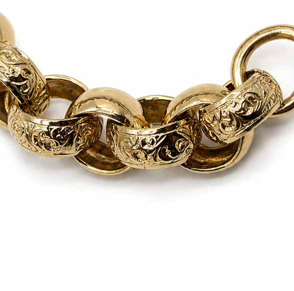 9ct Yellow Gold Engraved & Plain Belcher Bracelet