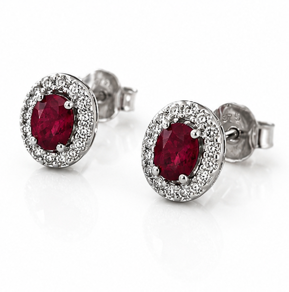 Ruby & Diamond Cluster Stud Earrings in 9ct White Gold
