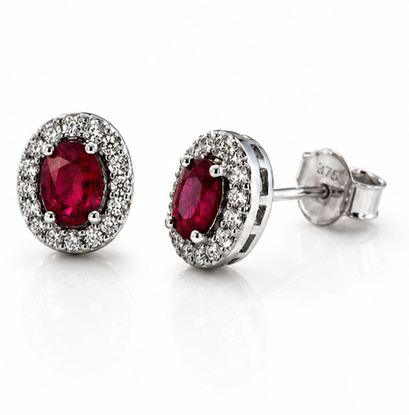 Ruby & Diamond Cluster Stud Earrings in 9ct White Gold