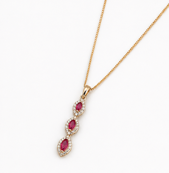 Marquise Triple Drop Ruby & Diamond Pendant Necklace in 9ct Yellow Gold