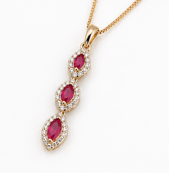 Marquise Triple Drop Ruby & Diamond Pendant Necklace in 9ct Yellow Gold
