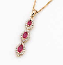Marquise Triple Drop Ruby & Diamond Pendant Necklace in 9ct Yellow Gold