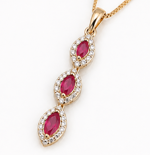 Marquise Triple Drop Ruby & Diamond Pendant Necklace in 9ct Yellow Gold