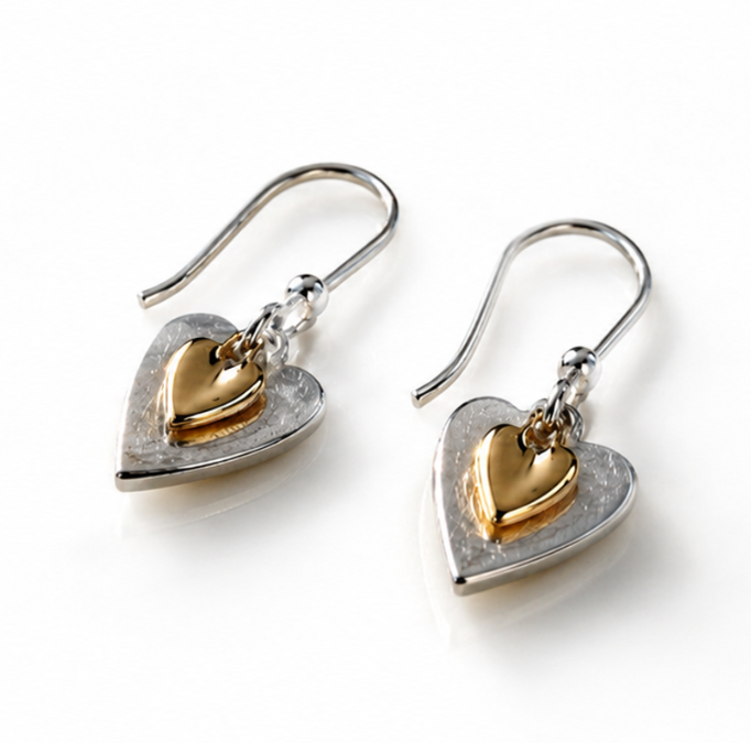 Gold Plated Double Heart Drop Earrings