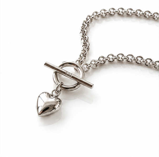 Sterling Silver Puff Heart T-Bar Chain Necklace