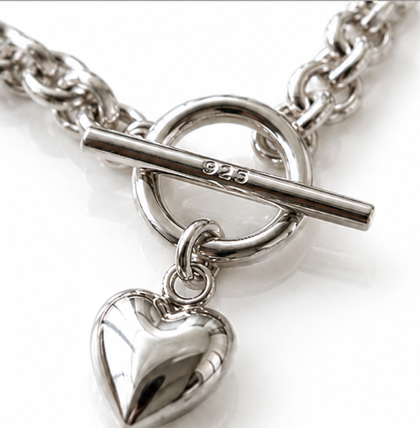 Sterling Silver Puff Heart T-Bar Chain Necklace