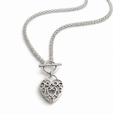 Large Filigree Heart Double Chain T-Bar Necklace in Sterling Silver
