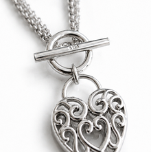 Large Filigree Heart Double Chain T-Bar Necklace in Sterling Silver