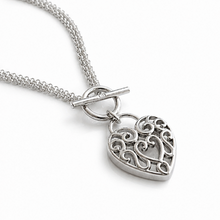 Large Filigree Heart Double Chain T-Bar Necklace in Sterling Silver