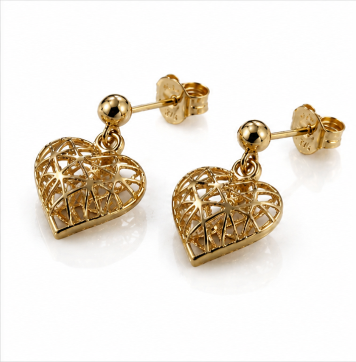 9ct Gold Caged Heart Drop Earrings