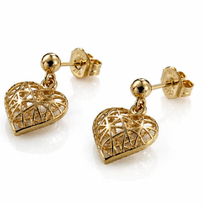 9ct Gold Caged Heart Drop Earrings