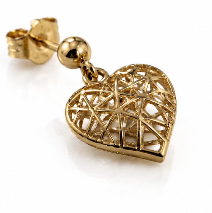 9ct Gold Caged Heart Drop Earrings