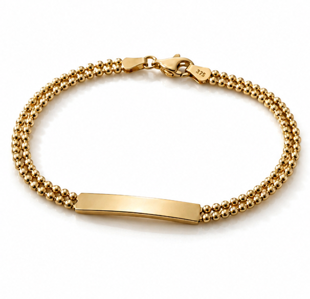 9ct Yellow Gold ID Bar Double Bead Chain Bracelet