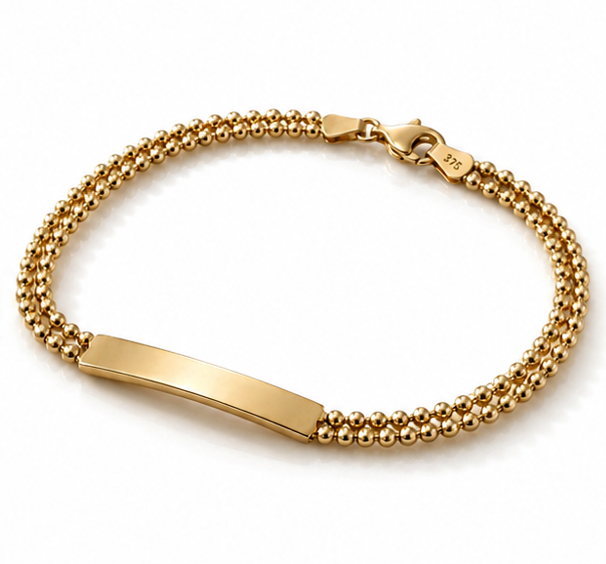 9ct Yellow Gold ID Bar Double Bead Chain Bracelet