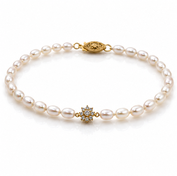 Seed Pearl & Diamond Flower Bracelet in 9ct Yellow Gold