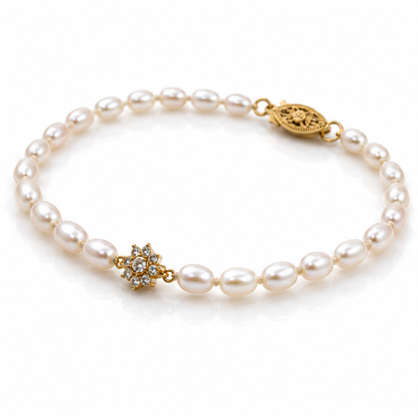 Seed Pearl & Diamond Flower Bracelet in 9ct Yellow Gold