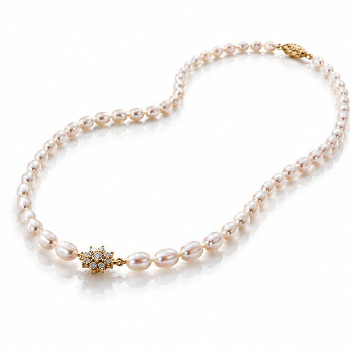 9ct Yellow Gold Freshwater Pearl & Diamond Flower Necklace