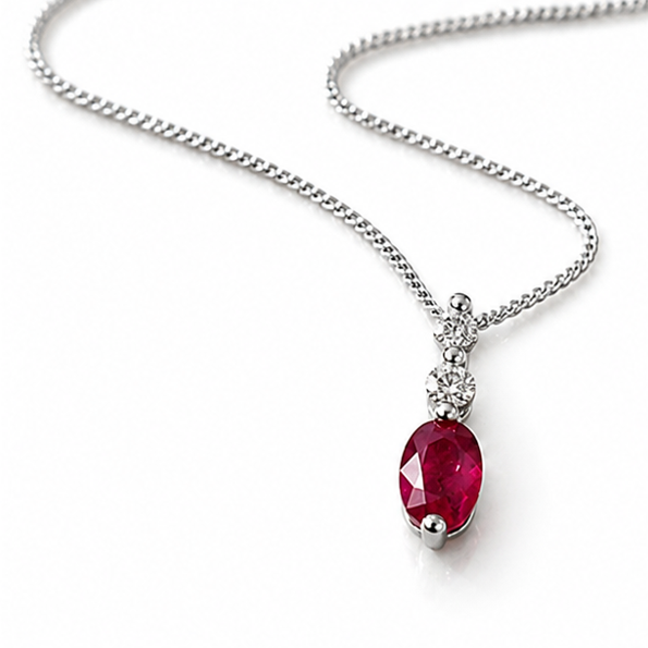 Ruby & Diamond Drop Pendant Necklace in 9ct White Gold