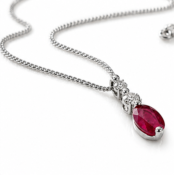 Ruby & Diamond Drop Pendant Necklace in 9ct White Gold