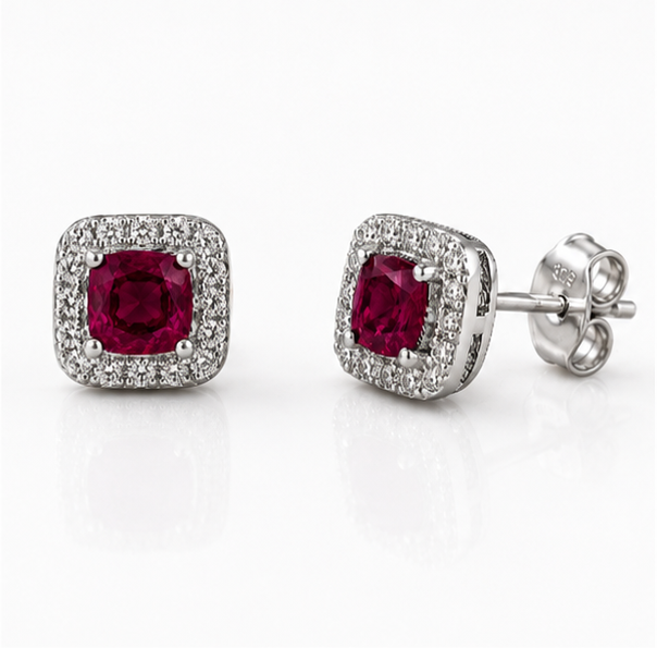 Cushion Cut Ruby & Diamond Halo Stud Earrings in 9ct White Gold