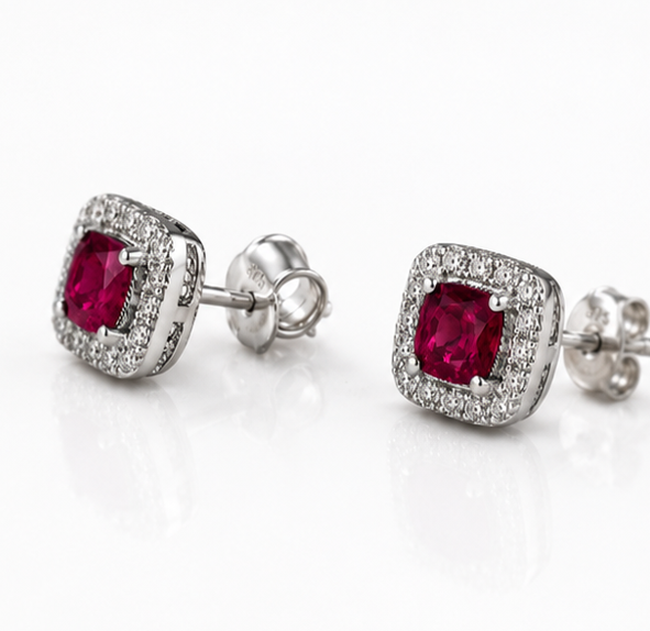 Cushion Cut Ruby & Diamond Halo Stud Earrings in 9ct White Gold